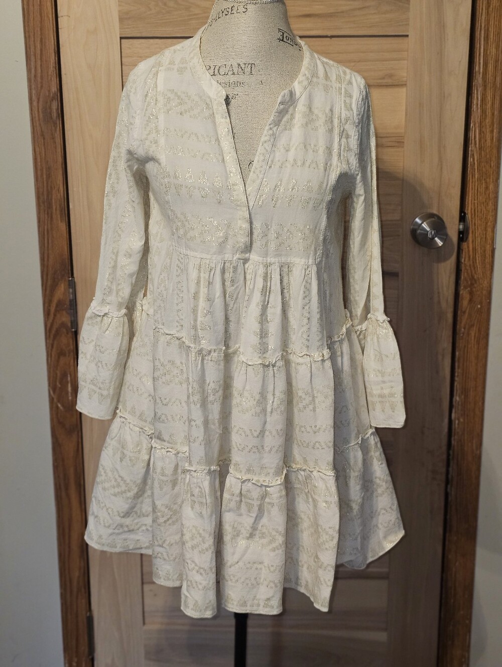 Long-Sleeve Tiered Tunic Dress in Cream with Metallic Detail